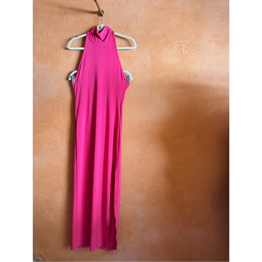 Norma Kamali Turtle Gown Pink Halter Maxi Bodycon Slit Evening Wedding Guest S